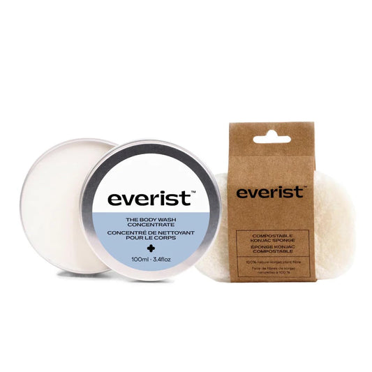 Everist The Hydrating Body Duo Bundle Tin, The Body Wash Concentrate Tin 3.4 fl oz, The Compostable Konjac Sponge