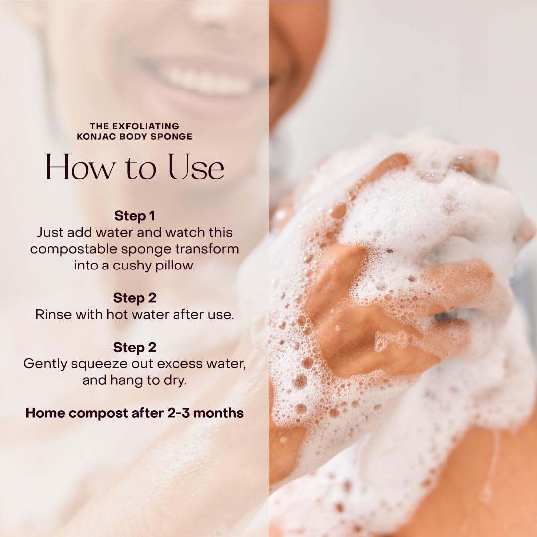 Everist The Exfoliating Konjac Body Sponge, Natural, Reusable, Compostable Bath Sponge for Sensitive Skin, Charcoal Cleansing, 60+ Uses, 1 Each