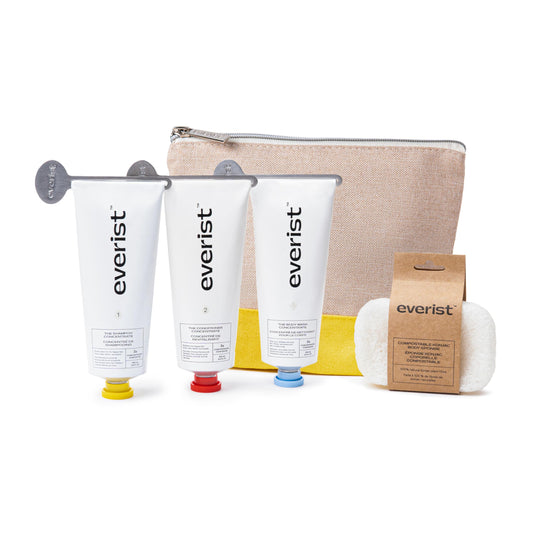 Everist The Complete Shower Kit, Strengthens & Repairs Hair, Deep Hydration & Smoothing, Shampoo, Deep Conditioner & Body Wash Concentrates, Compostable Konjac Sponge & Jute Travel Bag, 3.4 fl oz